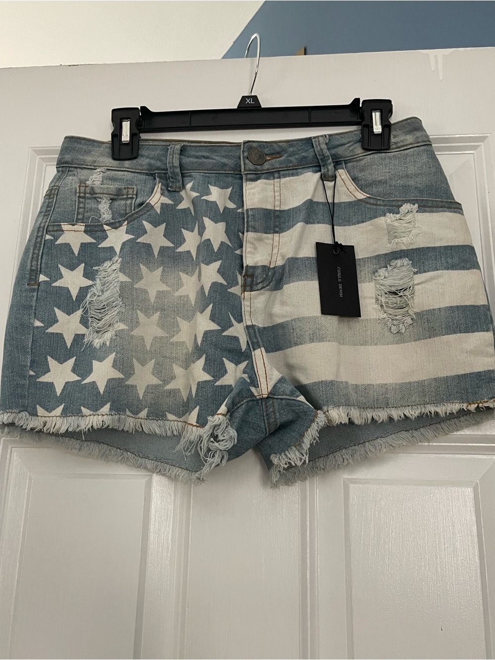 High-Rise Distressed Flag Denim Shorts - Blue/White